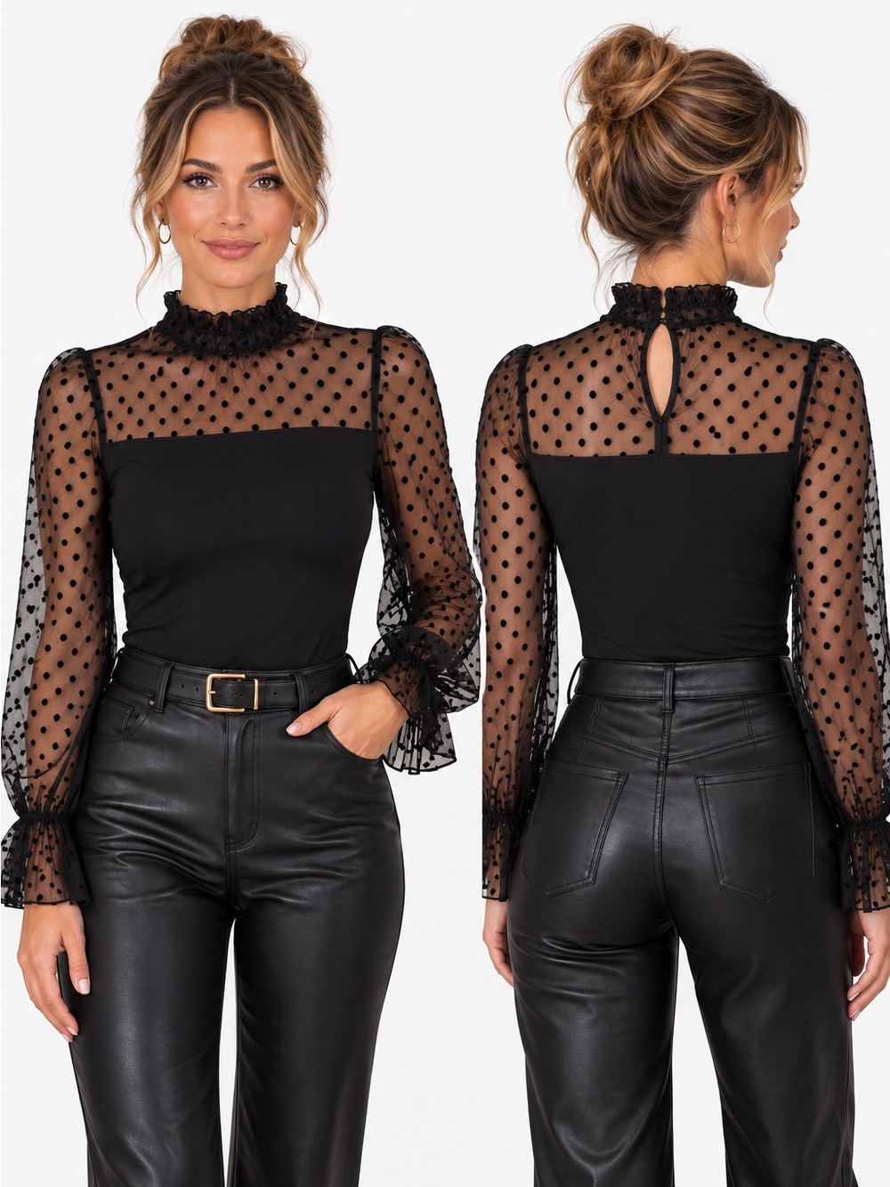 Black Polka Dot Mesh Mock-Neck Women's Blouse